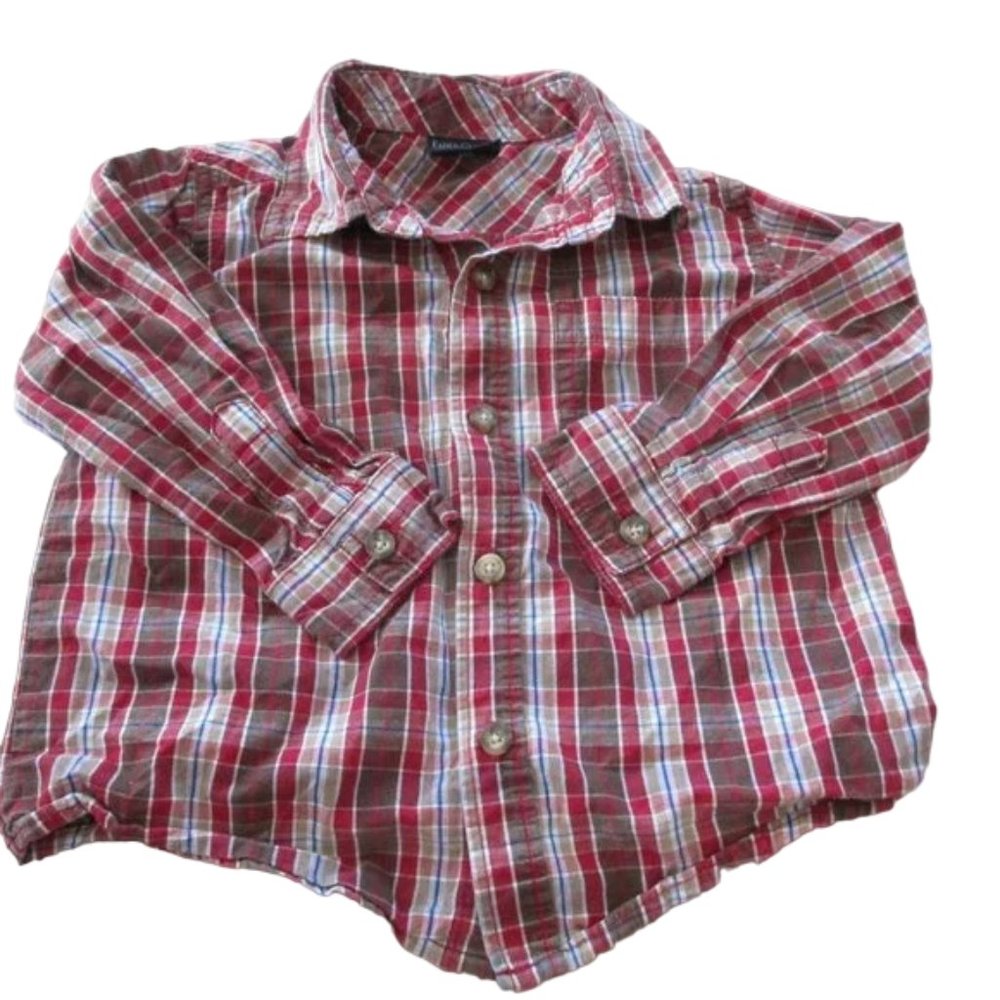 Faded Glory Button Front Shirt Boys Size 24M Red Brown Plaid Long Sleeve Collar